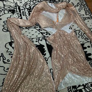 Champagne Sequin Dress sz M with XL Sleeves and Cut Outs